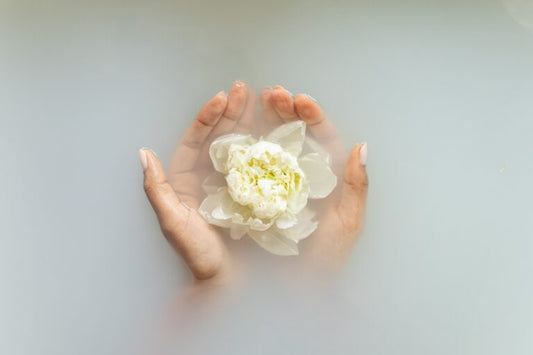 A white flower floating on water and two hands underneath